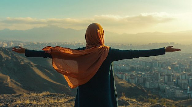 inspiring image muslim woman hijab standing hilltop amidst natures beauty 1247367 93676